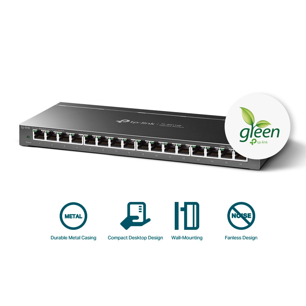 TP-Link TL-SG116E 16-Port Gigabit Easy Smart Switch | Desktop / Wall Mounting | Fanless Design TP-Link TL-SG116E 16-Port Gigabit Easy Smart Switch | Desktop / Wall Mounting | Fanless Design